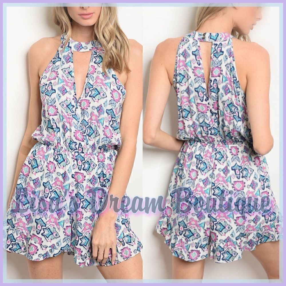 Final Price | Pink and Blue Pastel Tribal Print Sleeveless Ruffle Short Romper